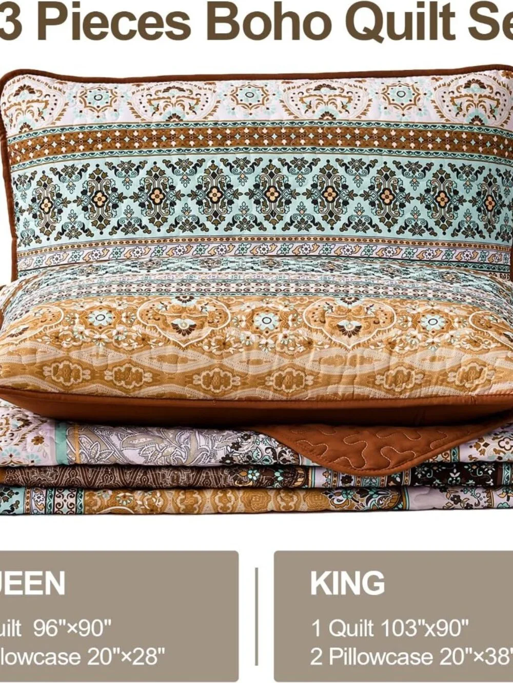 Boho Quilts Queen Size, 3 Pieces Bedspread Bedding Set, Brown | Bohemian Lightwe_6